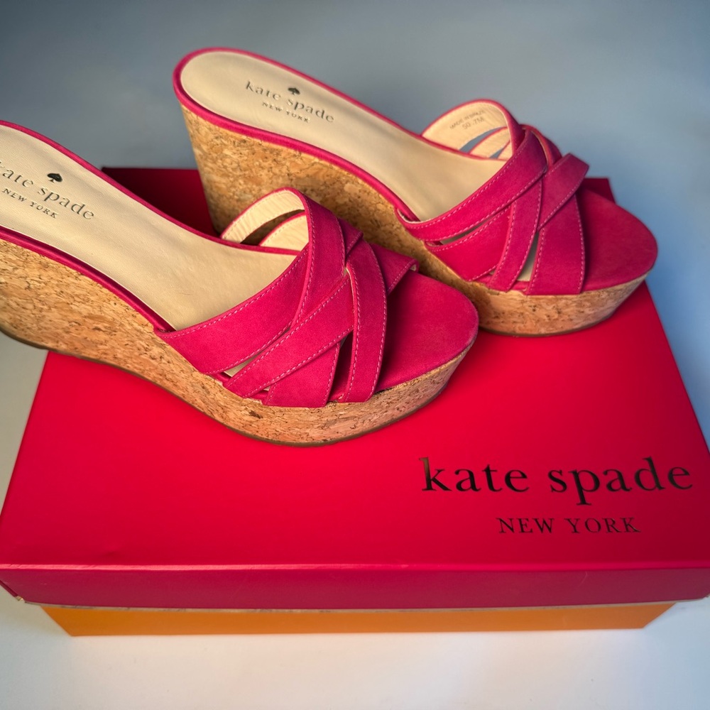 Kate Spade Talcott Pink Suede Cork Wedge Sandals Crisscross Platform NIB Size 7 - Picture 10 of 14